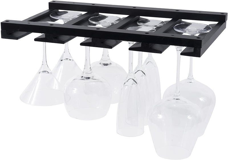 Rustic State Eze 4 Sectional Wood Under Cabinet Wine Glass Holder Rack Hanging Shelf Stemware Bar Organizer - 12 Wine Glass Storage - 10 Inch Deep - Black - Image 1